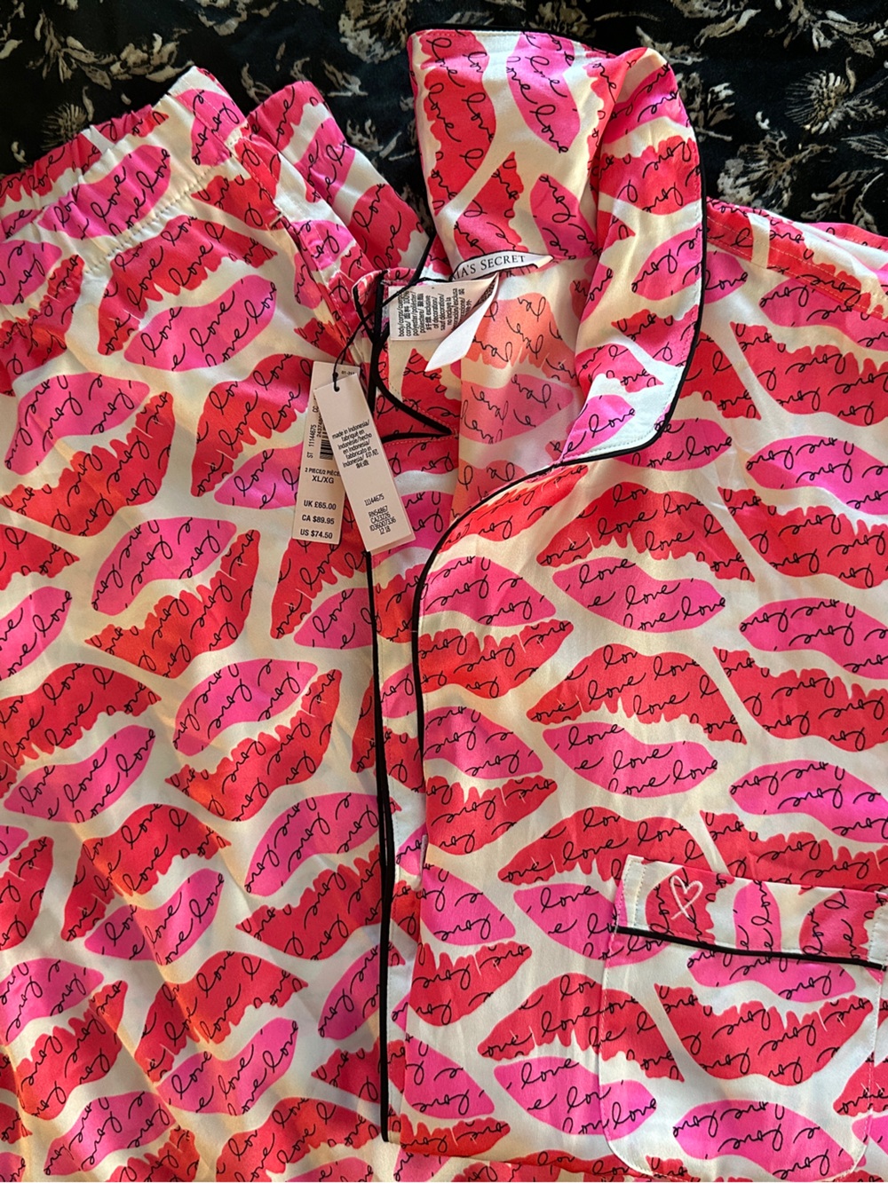 Victoria's Secret Pink & Red Lip-Print Satin Pajama Top & Bottom (Set)